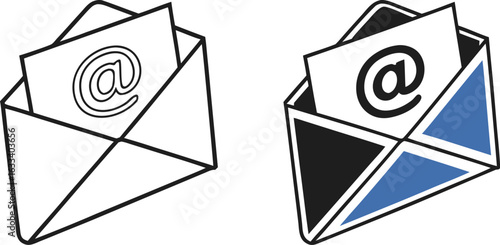 Email communication concept showing open envelopes with the at symbol inside for digital marketing and direct communication strategies