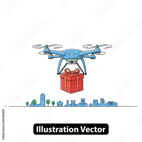 Futuristic drone delivery concept with a quadcopter carrying a gift over an urban city