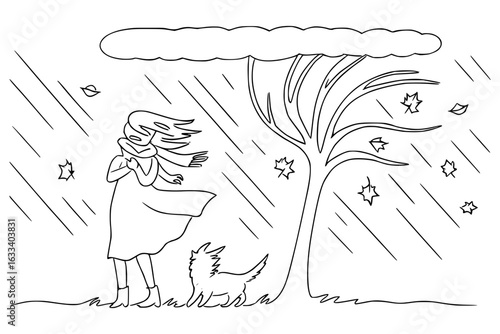 Minimalist black-and-white line art of a person and dog braving stormy autumn weather. Wind blows through a tree with falling leaves as rain pours from a cloud overhead