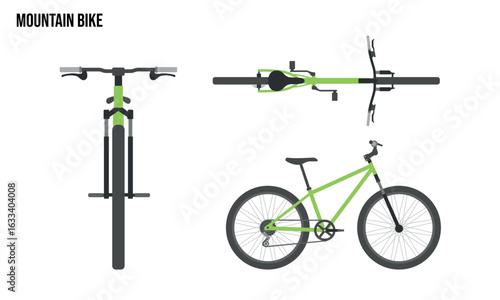 Mountain Bike Flat design illustration, Public Vehicles , top view, side view, front view, isolated by white background