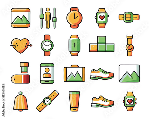 Collection of fitness tracker icons featuring a running person and related health activity symbols isolated on transparent background