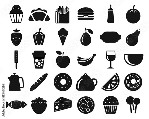 A collection of culinary and dining related line art symbols for restaurants and food establishments isolated on transparent background