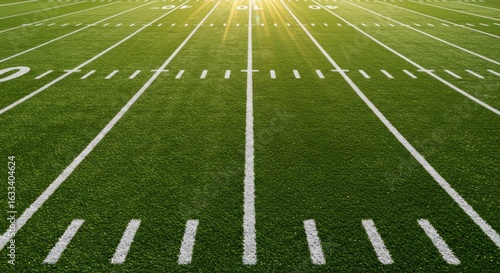 Symmetrical view of an empty american football field with bright sun rays