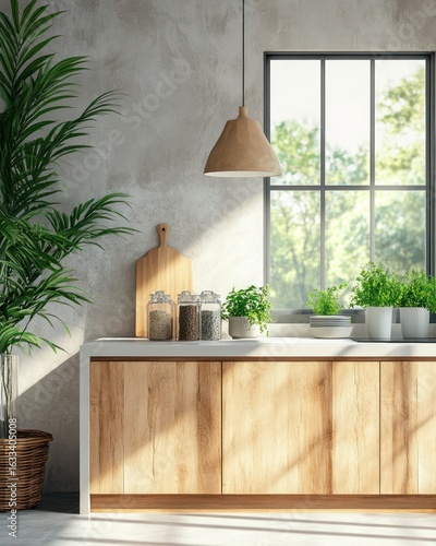 Modern kitchen with natural light and greenery