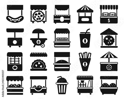 Collection of street food vendor and stall graphics featuring culinary delights and market ambiance isolated on transparent background