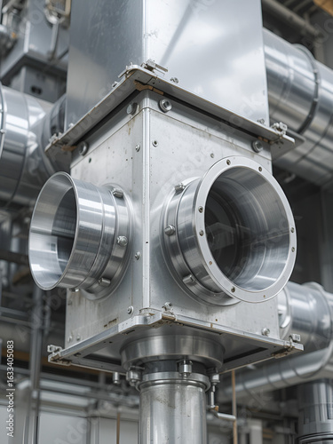 Closeup of industrial ventilation system with metal fire damper flaps. Engineering construction of steel air duct components. Mechanical system, galvanised material, volume control, flange, lever.