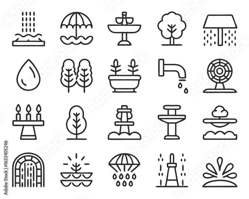 A collection of solid graphic symbols representing water features and fountains presented as a singular design element isolated on transparent background