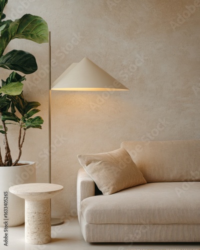 Light beige living room featuring a tall floor lamp with a conical shade, a light beige sofa, and a round side table.  A large potted plant adds greenery