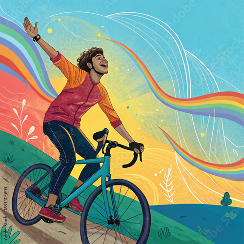 Joyful Person Riding a Bike Uphill with Arms Raised - Colorful Illustration