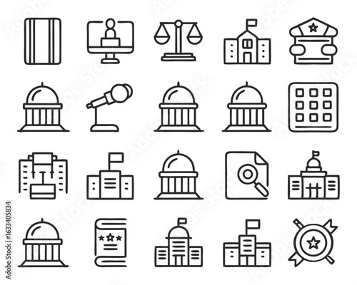 Comprehensive collection of government themed symbols and pictograms representing civic administration and public service isolated on transparent background
