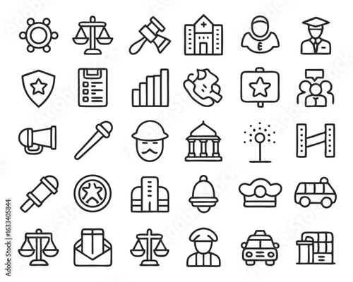 Comprehensive government themed icon collection featuring numerous civic and administrative symbols isolated on transparent background