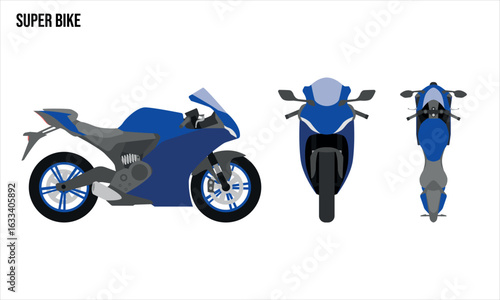 Super Bike Flat design illustration, Public Vehicles , top view, side view, front view, isolated by white background