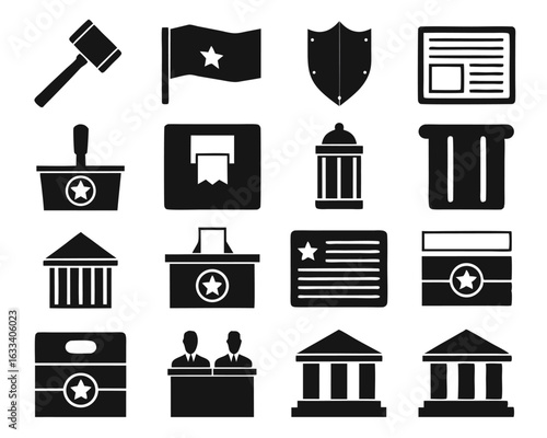 Comprehensive government themed icon collection featuring diverse symbols for civic and administrative applications isolated on transparent background