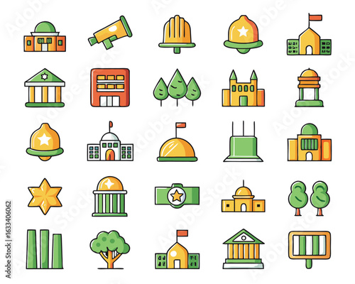 Comprehensive collection of government themed symbols representing civic administration and public services isolated on transparent background