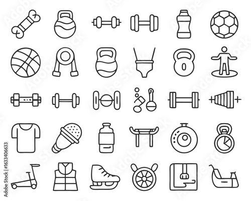 Comprehensive gym and fitness icon collection featuring athletic equipment and wellness symbols isolated on transparent background