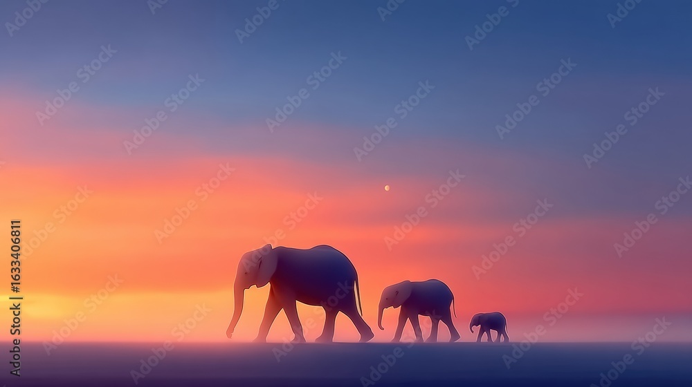 Obraz premium Elephant Family Silhouette at Sunset: An awe-inspiring scene of an elephant family traversing the horizon at sunset, their silhouettes beautifully framed against the vibrant hues of the sky.