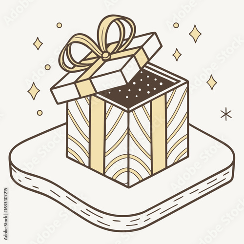 Holiday gift box product display on snow-textured platform with golden ribbon and sparkle accents
