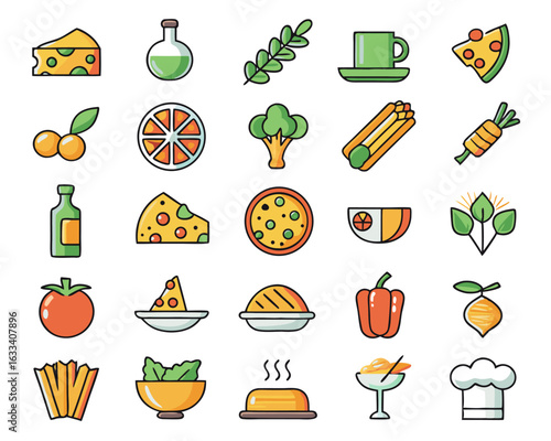 Charming hand drawn italian mediterranean cuisine collection featuring delicious lunch dishes and ingredients isolated on transparent background