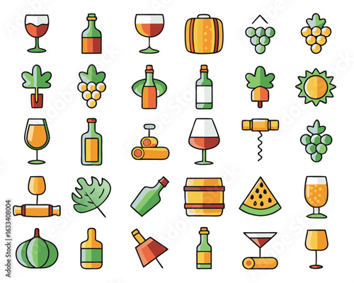 Charming hand drawn wine party collection featuring numerous festive celebration icons isolated on transparent background