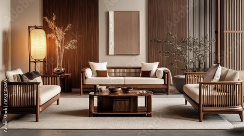 Warm, minimalist living room with light-toned wooden furniture and neutral decor