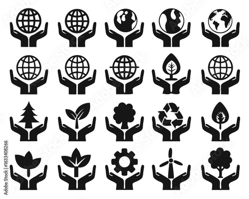 Collection of hand held globe icons showing different levels of detail and thickness isolated on transparent background