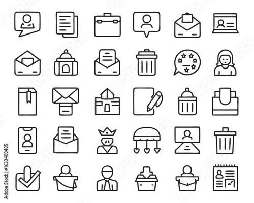 A collection of stylized hand voting ballot box and voting sign icons representing democratic participation and election processes isolated on transparent background