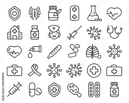 Comprehensive collection of solid healthcare and vaccination symbols for medical and public health communication isolated on transparent background