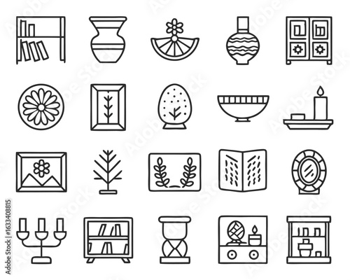 A comprehensive collection of home decor related symbols presented in a clean solid style for various design applications isolated on transparent background