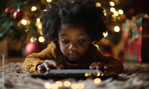 Wallpaper Mural Young Black child playing on a smart tablet during Christmas, engaging in inclusive educational learning, Generative AI Torontodigital.ca