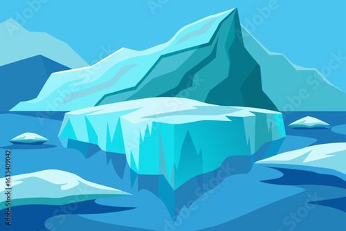 Stylized arctic landscape with floating icebergs and jagged mountains