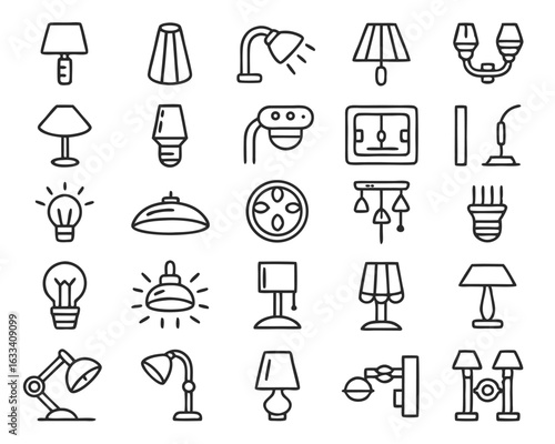 A collection of home lighting elements presented in a clean outline style for interior design applications isolated on transparent background