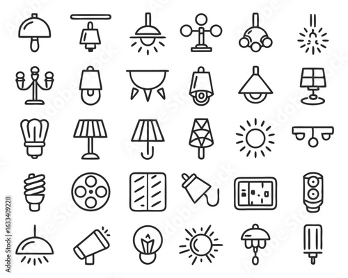A collection of home lighting and interior design elements presented in a clean outline style isolated on transparent background