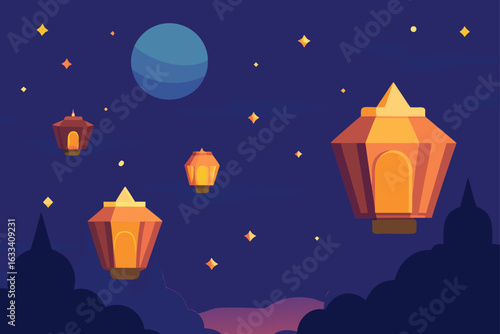 Floating lanterns under a blue planet and starry night sky