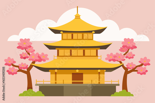 Golden pagoda temple surrounded by cherry blossoms