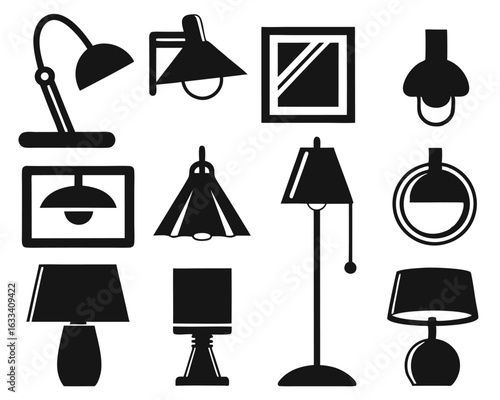 A comprehensive collection of home lighting fixtures and elements presented in a clean outline style for interior design and architectural visualization purposes isolated on transparent background