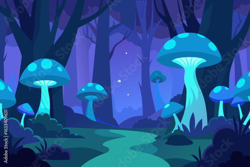 Enchanted forest with glowing blue mushrooms and winding path