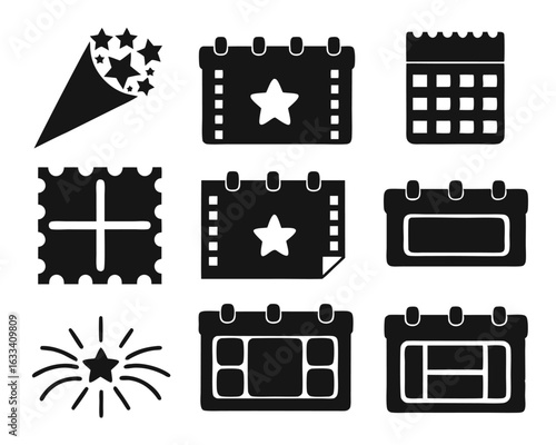 Collection of celebration icons featuring a ticket calendar and party popper for event planning and decorations isolated on transparent background