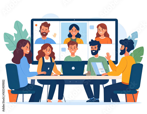 Flat illustration of a diverse business team in a hybrid meeting with remote colleagues on a large video conference screen.