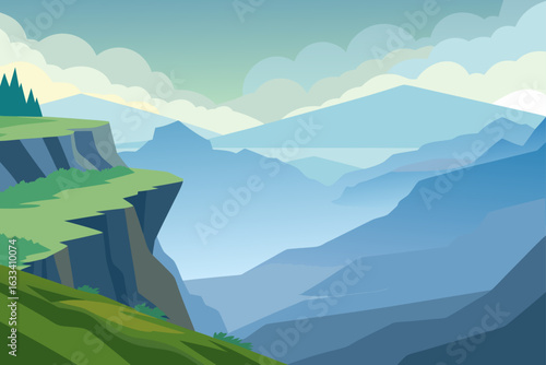 Serene mountain landscape with a cliff overlooking a valley