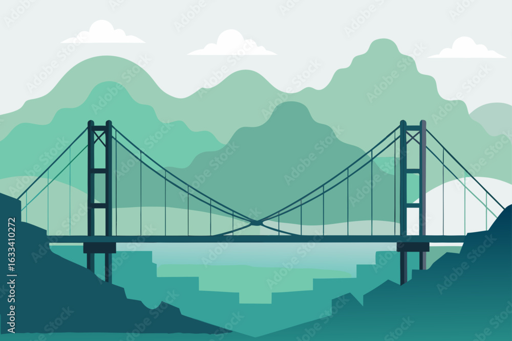 Obraz premium Stylized suspension bridge over water with mountains and clouds