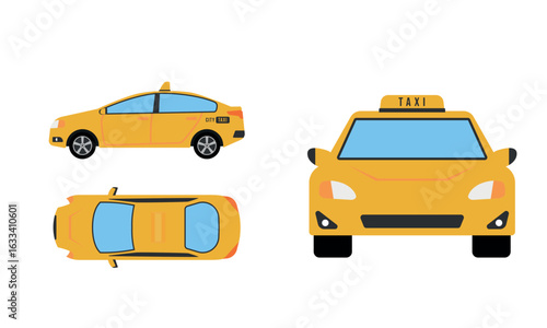 Taxi Flat design illustration, Public Vehicles , top view, side view, front view, isolated by white background