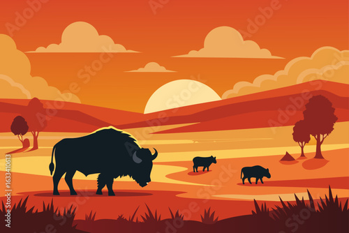 Bison herd silhouetted against a vibrant sunset landscape