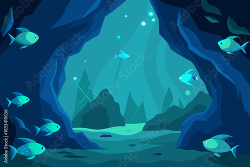 Stylized underwater cave scene with schools of fish and glowing orbs