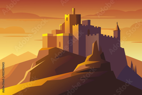 Majestic castle on a rocky mountain at sunset