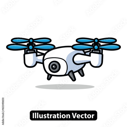 Cute cartoon drone quadcopter with a camera eye. Modern aerial technology vector.