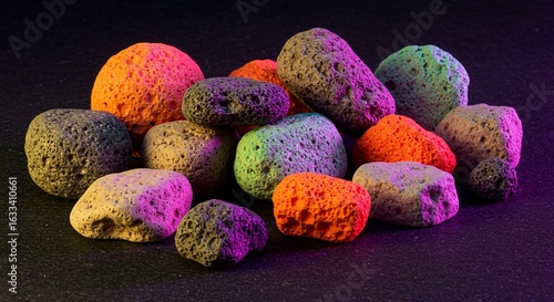Vibrant collection of colorful porous volcanic rocks illuminated by neon lights