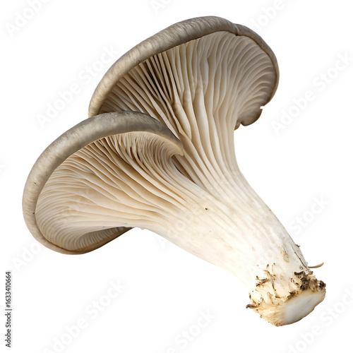 A whole single oyster mushroom isolated on a transparent background