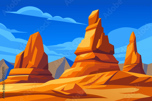Stylized desert landscape with orange rock formations under a blue sky