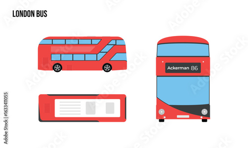 London Bus Flat design illustration, Public Vehicles , top view, side view, front view, isolated by white background