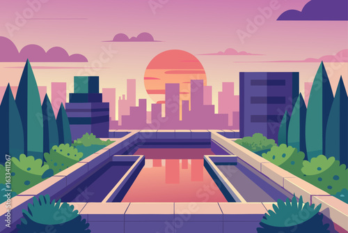 Rooftop pool overlooking city skyline at sunset